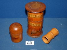 An antique three compartment Boxwood spice tower box for "Nutmeg", Ginger" and "Cinnamon",