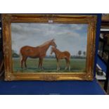 A large Oil on board in gilt frame of mare in foal in a field,