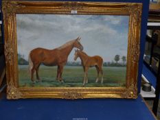 A large Oil on board in gilt frame of mare in foal in a field,