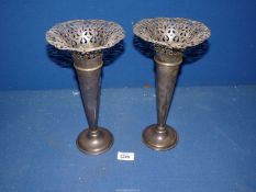 A pair of Epns Trumpet vases having fretwork detail, 11" tall.