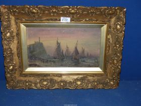 An ornate gilt framed Oil on board of a maritime scene featuring many sailing boats and light house