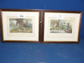 A pair of small coloured engravings titled 'Otter Hunting' 9 1/2" x 7 3/4".