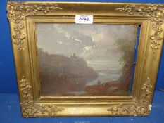 An early 19th century Oil on panel in gilt frame of two figures in a landscape.