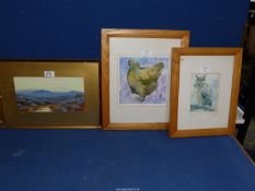 A framed and mounted Watercolour of a moorland scene together with two Alison Edyson prints,