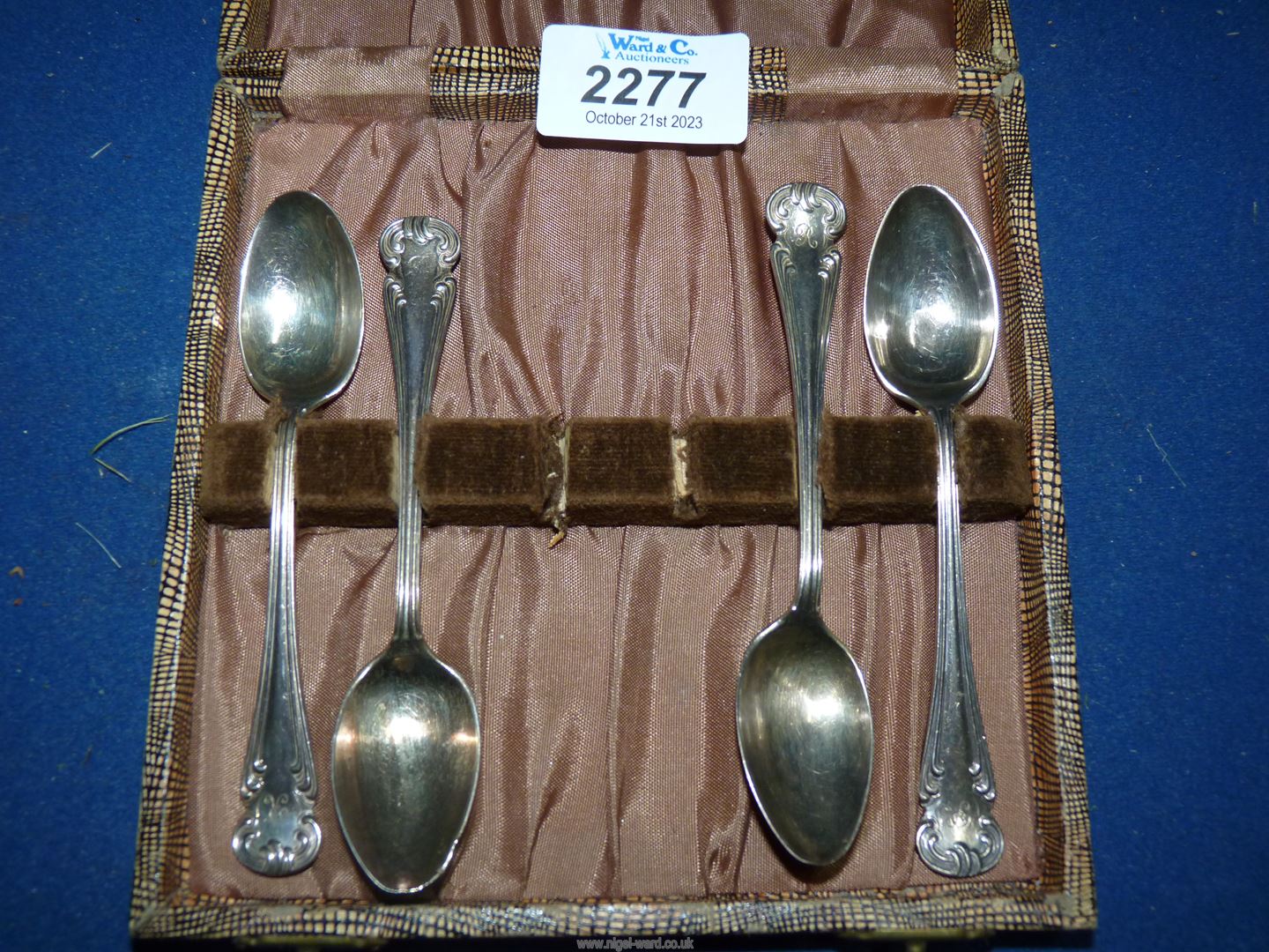 Four Silver teaspoons with case, Sheffield, with initial 'R' lightly engraved to handles,