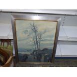 A large framed Oil on board landscape of trees and houses leading down to the sea,