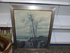 A large framed Oil on board landscape of trees and houses leading down to the sea,