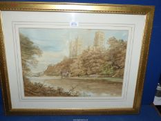 A fine detailed Watercolour of Durham Cathedral, Castle and bridge with cottage in view,