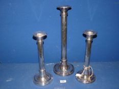 Three decorative plated Candlesticks of large proportions, 2 x 12 3/4" tall, 1 x 17 3/4" tall.