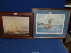 A framed and mounted print by artist John Sutton 'Top Sail Schooner on Salcombe Bay' plus another