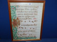 A framed hand illuminated painting calligraphy of antique Latin music sheet. 58cm x 44cm.