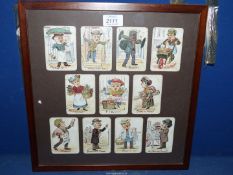 A framed set of eleven Victorian Snap cards.