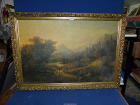 A large over varnished Print of a country scene, 40" x 28 1/2".