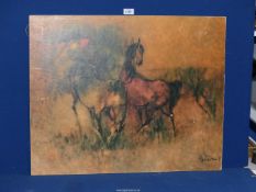 A Print of 'Rode Paarden' by Le Ba Dang, mounted on board, printed by Verkerke, 2' 4 1/2" x 1' 11".