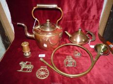A large 19th century Copper kettle, four horse brasses, small miner's lamp,