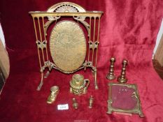 A quantity of brass to include gong with separate feet and top hanger (no hammer),