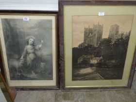 A large framed Engraving 'The Good Shepherd' and an engraving of a cathedral.