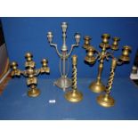 Two brass candelabra, a pair of brass helix candlesticks, etc.