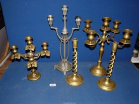 Two brass candelabra, a pair of brass helix candlesticks, etc.