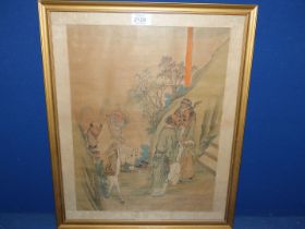 A framed Oriental watercolour on silk in a mountainous landscape of two gentlemen talking and