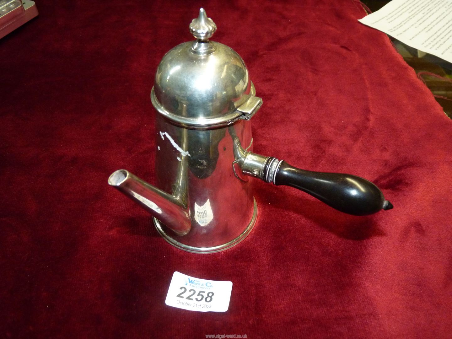 A Silver chocolate Pot, London 1878, 263 gms (including handle).