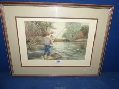 A Watercolour of a boy fishing.