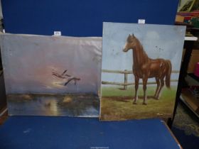 Two unframed Oils on canvas, one of two Canada Geese flying over a lake at sunrise,