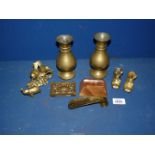 A small quantity of brass including pair of vases, boots, shoe horn, etc.