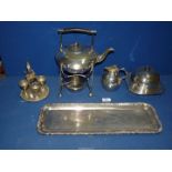 Miscellaneous silver plate items including muffin dish, kettle on stand, egg cup set, etc.