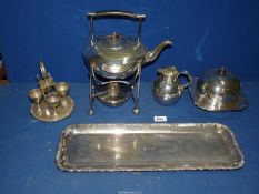 Miscellaneous silver plate items including muffin dish, kettle on stand, egg cup set, etc.