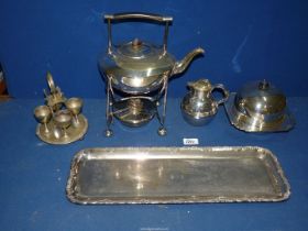 Miscellaneous silver plate items including muffin dish, kettle on stand, egg cup set, etc.