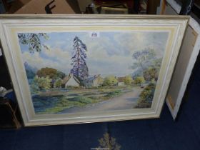 A framed watercolour of a village landscape, signed lower left H.