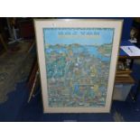 A large framed poster of Boston USA, cartoon style, 3' 6 1/2" x 2' 8 1/2".