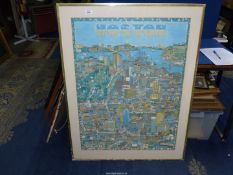 A large framed poster of Boston USA, cartoon style, 3' 6 1/2" x 2' 8 1/2".
