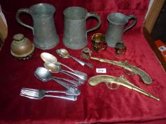 A quantity of mixed metals including three various size pewter tankards,