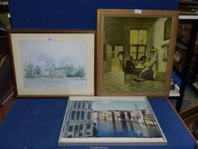 Three framed prints including 'The Royal Agricultural College' a photograph of Venice and a Pieter
