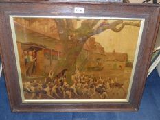 A wooden framed Lithograph depicting foxhound's baying at a fox up a tree with Villagers Watchingon