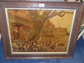 A wooden framed Lithograph depicting foxhound's baying at a fox up a tree with Villagers Watchingon