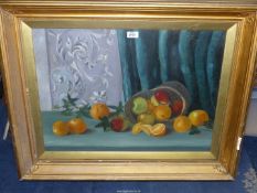 A framed and mounted large Oil on canvas in heavy gilt frame of a still life of fruit in basket,