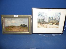 A small framed oil on board of a rural landscape (no visible signature) plus a print of Paris.