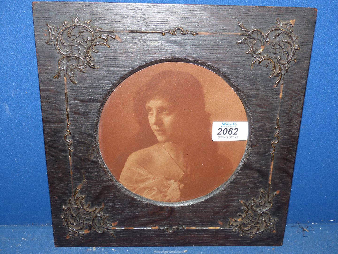 A wooden framed Print/photograph (circular aperture) of young woman, 10 1/2" square, - Image 2 of 2