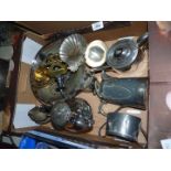 A box of mixed metals including teapots, jugs, cake plate, etc.