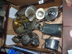 A box of mixed metals including teapots, jugs, cake plate, etc.