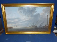 A framed Print on canvas of a maritime scene with sailing boats, 2' 9" x 1' 9 1/2".