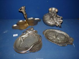 A small quantity of Art nouveau Pewter including a hand beaten vase having applied flowers and a