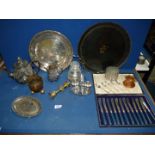 A quantity of plated items including; salver, egg cups & stand, preserve pot & stand, egg spoons,