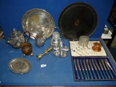 A quantity of plated items including; salver, egg cups & stand, preserve pot & stand, egg spoons,