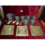 Six beaten Pewter Tankards and another 1 pint tankard and two pairs of brass swans and three brass