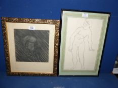 A crayon line drawing of female nude and charcoal portrait of man's head.