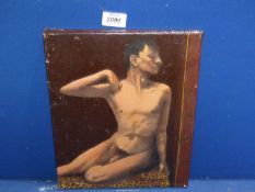 An Oil on canvas of male nude on leopard skin rug, 12'' tall x 10'' wide.